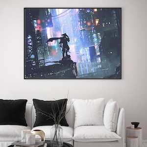 Japanese Anime Poster Print Future Neon City Cyberpunk Futuristic City Landscape Cyber Samurai | Poster Print Only