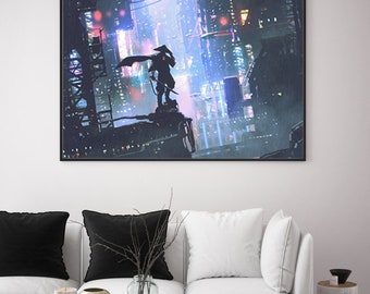 Japanese Anime Poster Print Future Neon City Cyberpunk Futuristic City Landscape Cyber Samurai | Poster Print Only