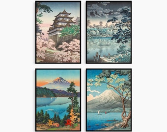 Japanese Vintage Style Art Set Of 4 Poster Prints Collection Unframed Prints Only | Wall Art Living Room Bedroom Wall Decor
