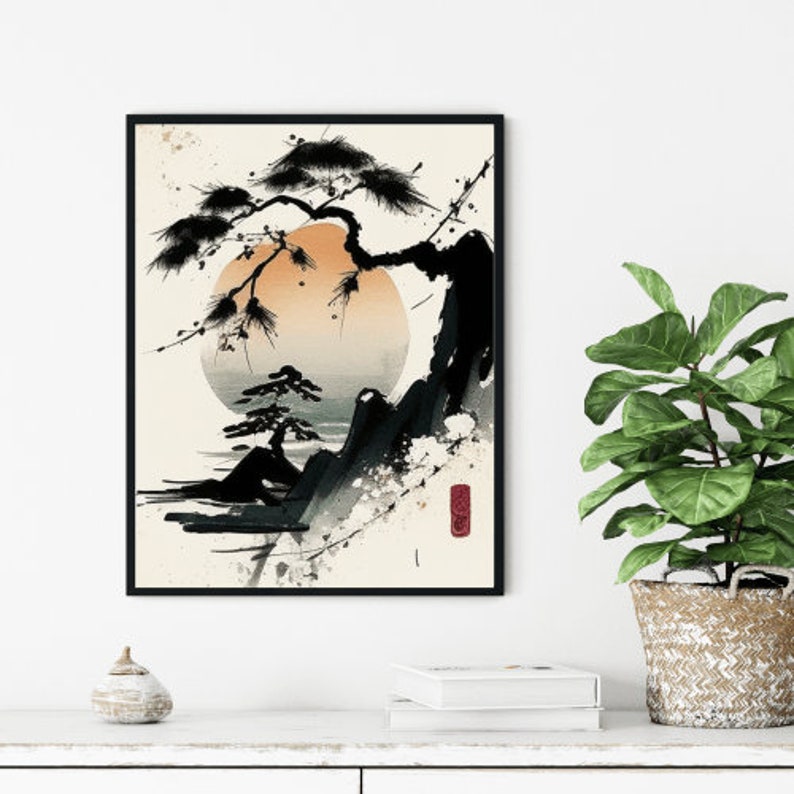Japanese Mountain Scene Art Print | Bonsai Tree Painting | Minimalistic Japanese Aesthetic Decoration | Asian Sunset Lake Wall Art image 5
