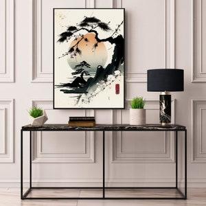 Japanese Mountain Scene Art Print | Bonsai Tree Painting | Minimalistic Japanese Aesthetic Decoration | Asian Sunset Lake Wall Art image 3