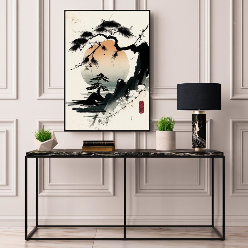 Japanese Mountain Scene Art Print | Bonsai Tree Painting | Minimalistic Japanese Aesthetic Decoration | Asian Sunset Lake Wall Art image 3