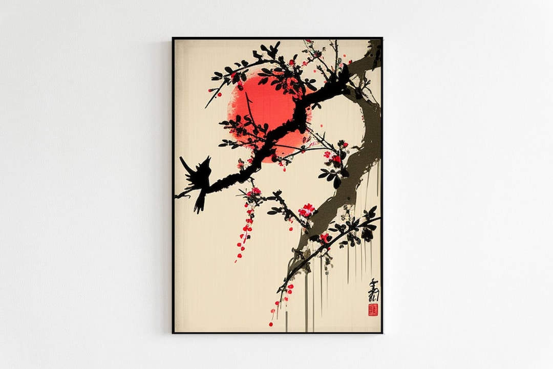Japanese Minimalist Art Watercolor Painting Mountains With Birds and — free download