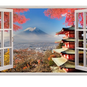 3D Fake Window View Japan Mount Fuji Wall Sticker Mural Art Decal for Home Living Room Bedroom Decor - Japanese Mt Fujii