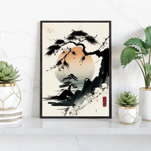 Japanese Mountain Scene Art Print | Bonsai Tree Painting | Minimalistic Japanese Aesthetic Decoration | Asian Sunset Lake Wall Art image 4
