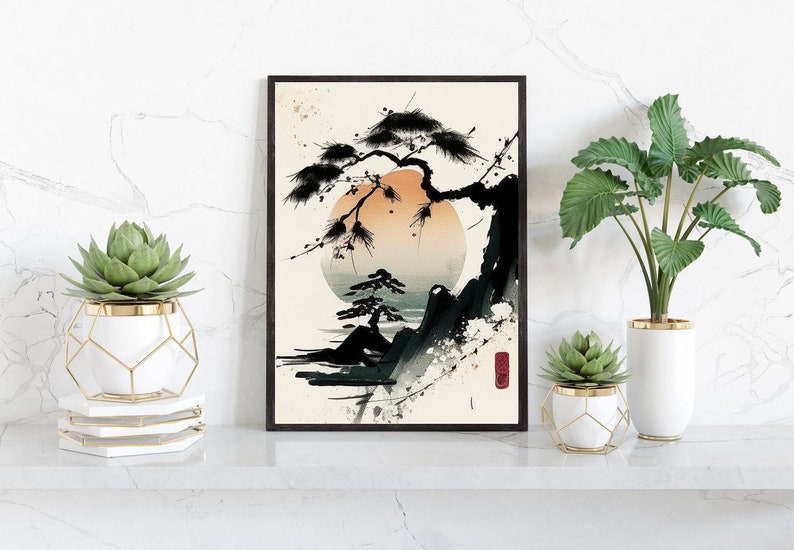 Japanese Mountain Scene Art Print | Bonsai Tree Painting | Minimalistic Japanese Aesthetic Decoration | Asian Sunset Lake Wall Art image 4
