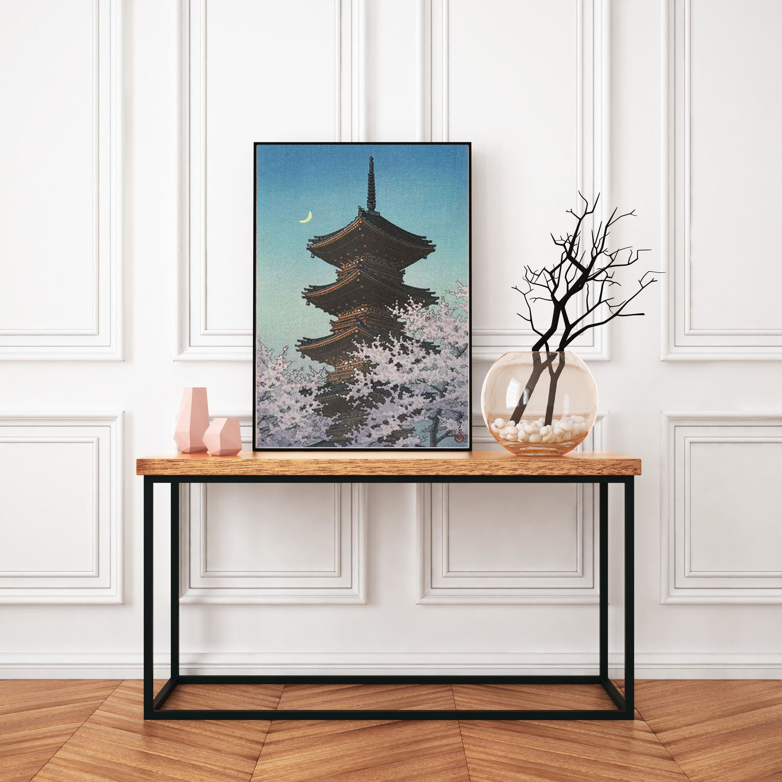 Arte giapponese in stile vintage Torre giapponese e luna con fiori di ciliegio Ukiyo-E solo stampa regalo / Stampe poster Giappone / Decorazione della camera d'arte della parete - Italia