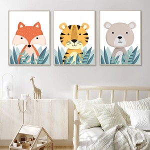 Set di animali della giungla Safari per bambini di 3 stampe di poster di orso tigre volpe solo / Arredamento della camera da letto dei bambini / Poster educativi divertenti colorati