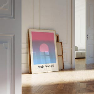 Andy Warhol-zonsondergangprint | Roze en blauwe poster met kleurverloop | Iconische popart-muurdecoratie | Andy Warhol-print voor thuis | Mat papier muurkunst.