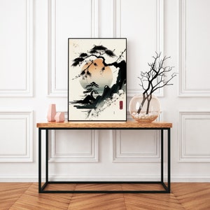 Japanese Mountain Scene Art Print | Bonsai Tree Painting | Minimalistic Japanese Aesthetic Decoration | Asian Sunset Lake Wall Art image 2