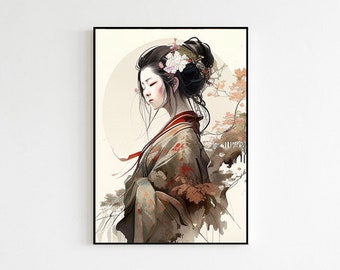 Japanese Woman Wall Art | Asian Traditional Statement Art | Minimalist Japanese Aesthetic Poster | High-Quality Art Print for Decoration