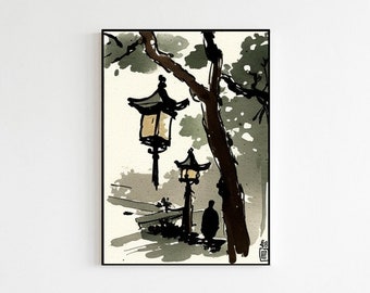 Japan Art | Streetlights with Nature Scenery | Tsuchiya Koitsu Evening at Ushigome | Koitsu Art Print | Ukiyo-e Edo Period | Japanese Poster