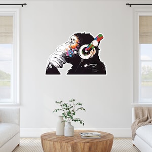 Banksy Thinker Monkey Hoofdtelefoon Design Wall Art Street Art Graffiti Vinyl Sticker Urban Art Woonkamer Slaapkamer Decor Raam, Laptop Decal