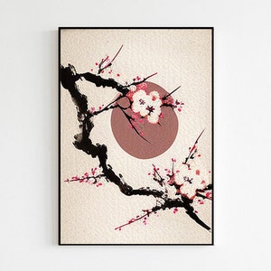 Minimalist Wall Art | Japanese Art Print | Sakura Cherry Blossom with Sun Wall Art | Nature Inspired Poster | Japanese Culture