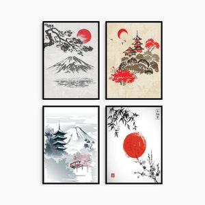 Japanese Vintage Style Art Set Of 4 Poster Prints Watercolour Painting Collection Unframed Prints Only | Wall Art Room Decor