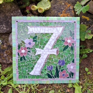Può includere: Numero sette per la casa a mosaico quadrato. Il numero è bianco, circondato da uno sfondo a mosaico verde con accenti floreali rosa, viola e verdi. Il bordo è un mosaico verde chiaro e viola.