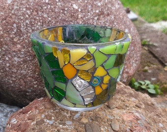 Green glass mosaic lantern made of recycled glass