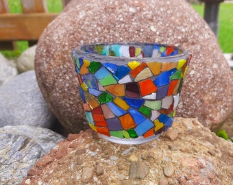 Colorful glass mosaic lantern made of recycled glass