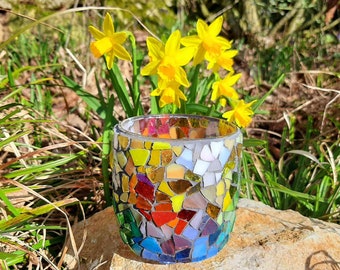 Unique glass mosaic lantern in rainbow colours