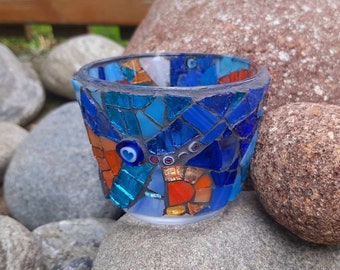 Blue glass mosaic lantern made of recycled glass