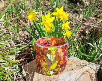 Unique glass mosaic lantern in red and yellow colours