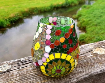 Creative green glass mosaic lantern made of recycled glass