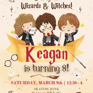 May include: A Harry Potter themed birthday party invitation with a yellow banner that says "Keagan is turning 8!"  The invitation features cartoon characters from the Harry Potter series, including Harry Potter, Hermione Granger, and Ron Weasley. The invitation also includes a variety of Harry Potter themed graphics, such as a golden snitch, a broomstick, and a Hogwarts letter.