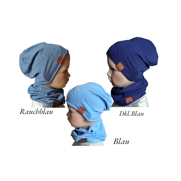 Set of single-layer beanie and loop with rolled edge made of French terry for babies and children in 15 great colors, light beanie, baby hat, children's hat