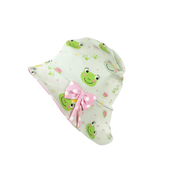 Mädchen Sonnenhut Frosch, Baby Kinder Sonnenmütze, Mütze mit Krempe, Baby Kinder Sonnenschutz, Mütze Grün Rosa Weiß,  KU Gr. 39-54 cm