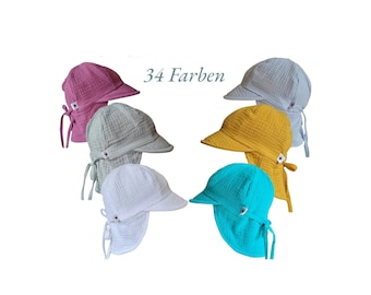 Sonnenmütze Baby Kinder Musselinmütze Jungen Mädchen in Uni Farbend Sonnenhut Schirmmütze Sommermütze 34 Farben Größe verstellbar KU 35-57cm