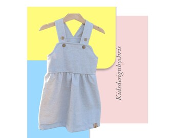 Latzkleid Natur aus Baumwolle mit Kokosnussknöpfen für Baby und Kleinkind, Sommerkleid Mädchenkleid Kleid mit Träger Größe 56-92 cm