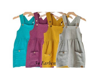 Trägerkleid Musselin für Baby und Kinder in 34 Uni Farben Sommerkleid Latzrock mit Knöpfe Kleid Mädchen Latzkleid Größen  56-128