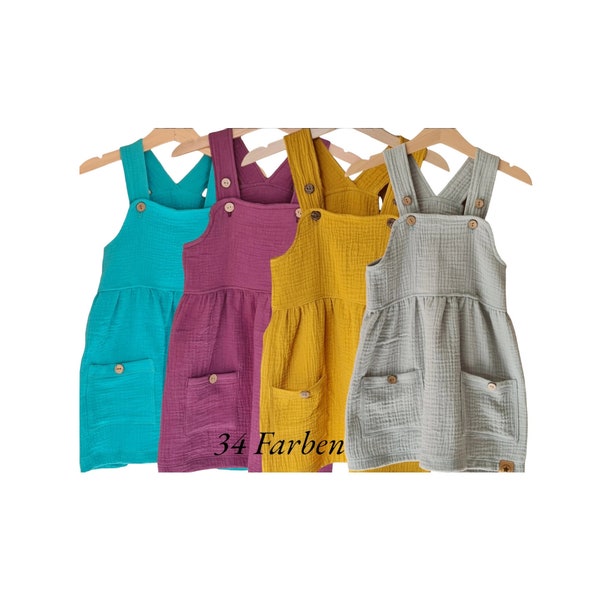 Trägerkleid Musselin für Baby und Kinder in 34 Uni Farben Sommerkleid Latzrock mit Knöpfe Kleid Mädchen Latzkleid Größen  56-128