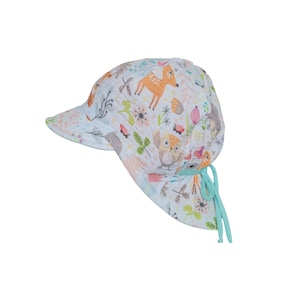 Baby children's sun hat forest animals muslin hat fox hedgehog sun hat with small neck protection white mint peaked cap summer KU size 42-54 cm