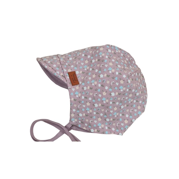 Bio Mütze Mädchen mit Blümchen in Altrosa für Baby und Kinder Schirmmütze Wendemütze Übergangsmütze, Größe KU 35-56cm