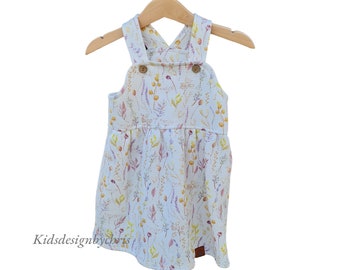 Waffeljersey Latzkleid Blumen für Baby Kinder mit Träger in Offwhite Senf Mauve, Sommerkleid Mädchen mit Blumen und Blüten Gr. 56-110 cm