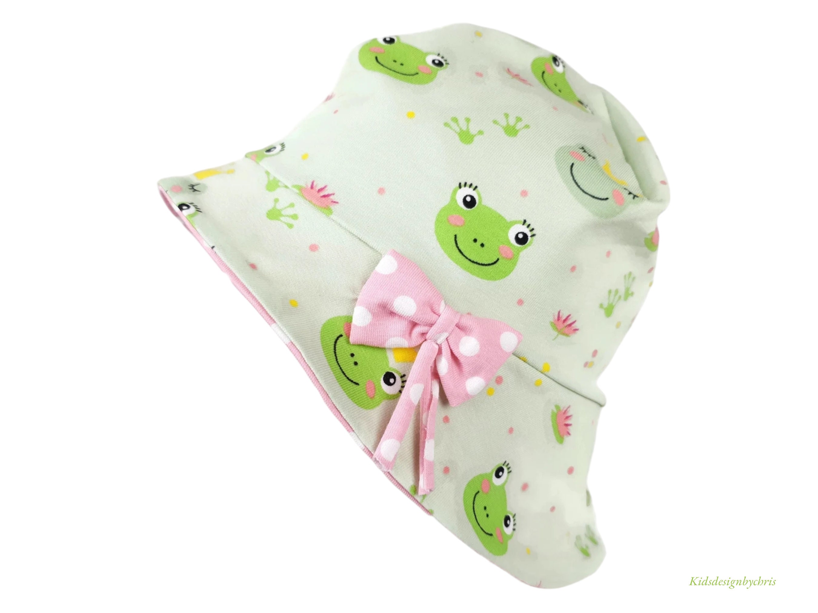 Girls Sun Hat Frog, Baby Children Sun Hat, Hat With Brim, Baby Children Sun  Protection, Hat Green Pink White, KU Size. 39-54cm 