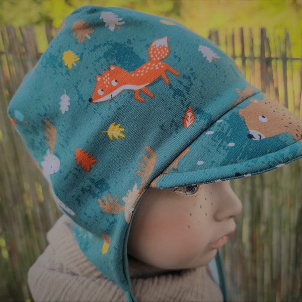 Organic hat forest animals for babies and children in green reversible cap peaked cap for boys and girls with fox bear and elk tie cap dusty green