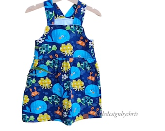 Trägerkleid Meerestiere für Baby und Kleinkind in Blau mit Wal Schildkröte Fische, Sommerkleid Kinder Größe 56-104, Latzkleid, Kleid Mädchen