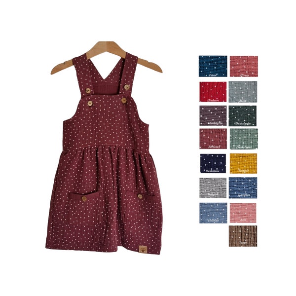 Trägerkleid Musselin mit Punkte für Baby und Kinder in 16 Farben Sommerkleid Latzrock mit Knöpfe Kleid Mädchen Latzkleid Größen  56-128