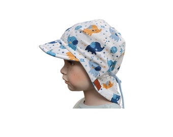 Sonnenmütze Baby Kinder Elefanten aus Biojersey, Sommermütze Jungen Mädchen, Sonnenhut, Schirmmütze Größe verstellbar Bindebändel KU 42-51cm