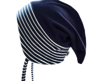 Baby Kinder Zipfelmütze Dunkelblau, Mütze Bio Blau Weiß gestreift, Babymütze mit Bindebändel, Maritime Mütze, Größe KU 36- 59cm