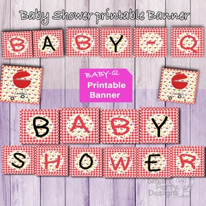 Puede incluir: Pancarta imprimible para baby shower con fondo a cuadros rojo y blanco. La pancarta dice "BABY-Q Pancarta Imprimible" y tiene las letras "BABY SHOWER" en círculos negros sobre un fondo a cuadros rojo y blanco.