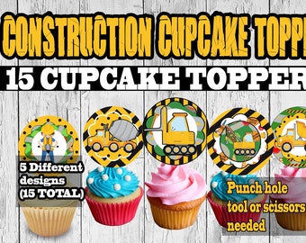 Adornos para cupcakes de construcción - Decoraciones para fiesta de primer cumpleaños (DIGITAL)
