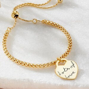 Pulsera con escritura a mano en forma de palomitas de maíz doradas • Joyería grabada personalizada • Recuerdo con firma personalizada • Regalo sentimental para ella •