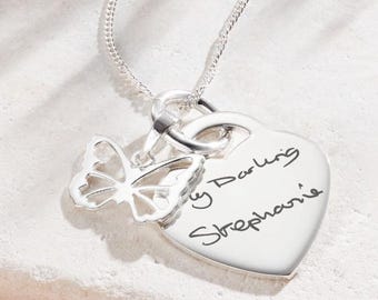 Sterling Silber Schmetterling Handschrift Halskette • Personalisierter Gedenkschmuck • Graviertes Andenken • UK Handgemacht •