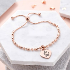 Rose Gold Paw Print Oval Mix Bracelet - Birthday & Anniversary Gift - Sentimental and Memorial - Heart Charm Bracelet - Paw Print Jewellery