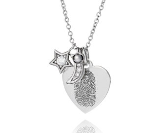 Moon & Stars Fingerprint Necklace - Signature Necklace - Sentimental Jewellery - Cremation Bereavement Gift - Fingerprint Jewellery