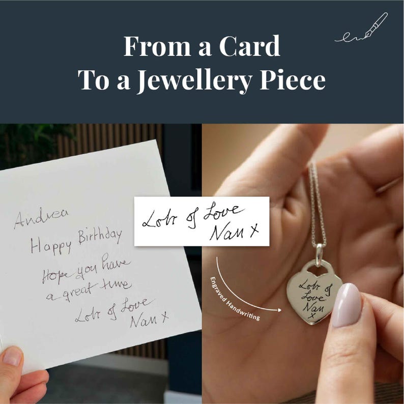 The image is a collage of two photos. The first photo shows a hand holding a card with a handwritten message, and the second photo shows a person holding a heart-shaped pendant with a handwritten message.