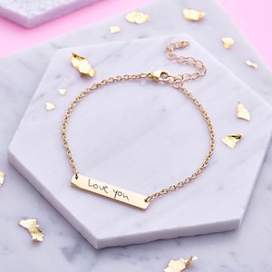 Gold Handwriting Bar Bracelet • Custom Actual Handwriting Jewellery • Personalised Stackable Signature Bracelet • Memorial Jewellery